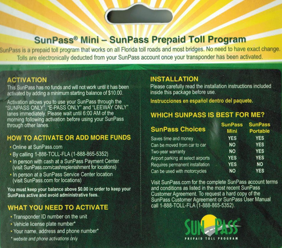 SunPass Mini R&uuml;ckseite
