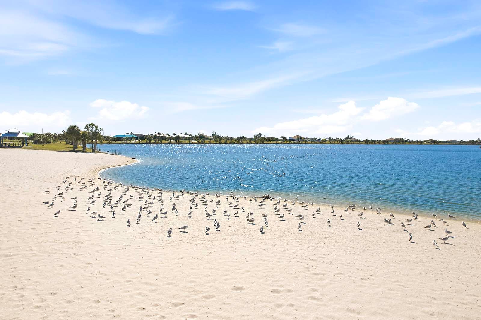 Terrasse am Kanal mit Grill und Feuerstelle bei Sonnenuntergang.