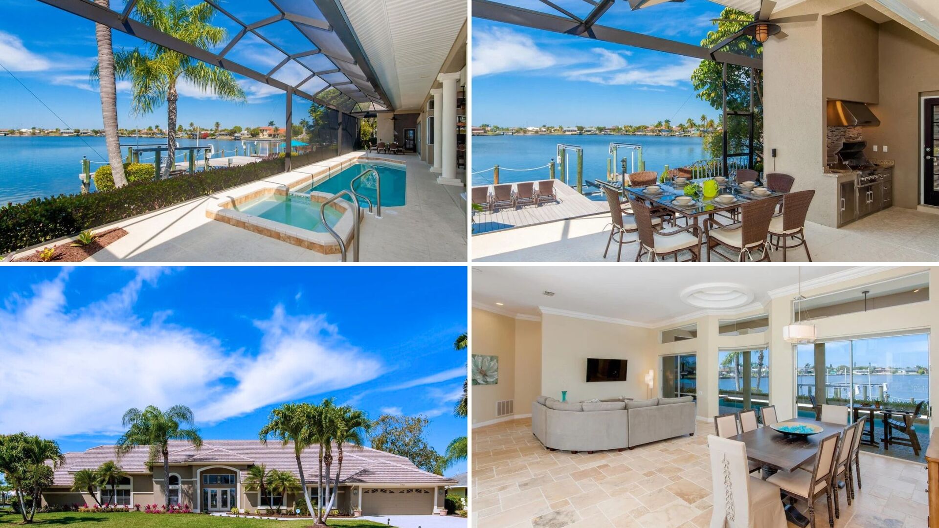 Außenansicht am Kanal mit privatem Bootssteg und Terrasse.