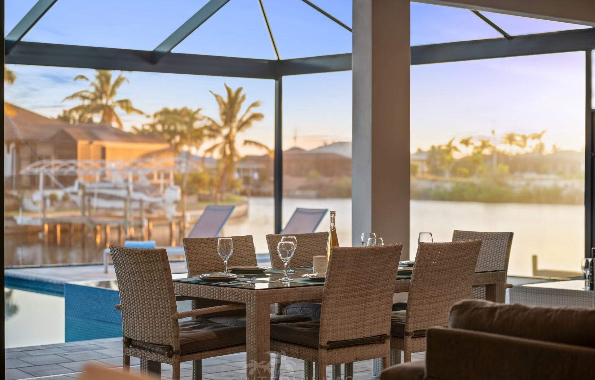 Moderner Salzwasser-Pool mit Spa/Jacuzzi und Blick auf den Kanal.