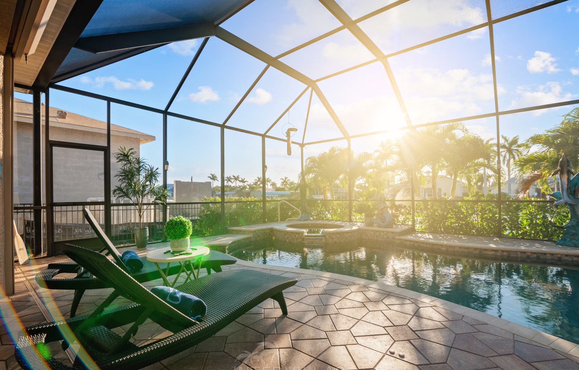 Blick vom Poolbereich auf den Kanal mit privatem Bootssteg.