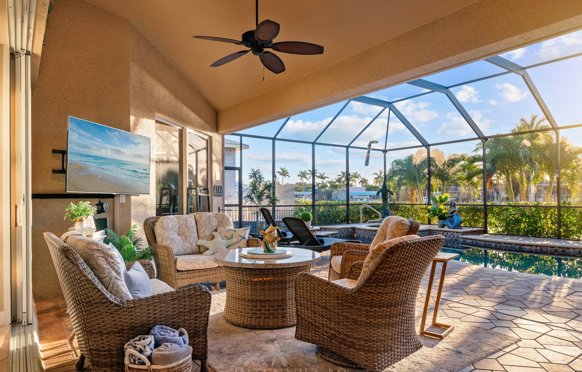 Blick von der Lanai auf Pool und Kanal mit privatem Dock.