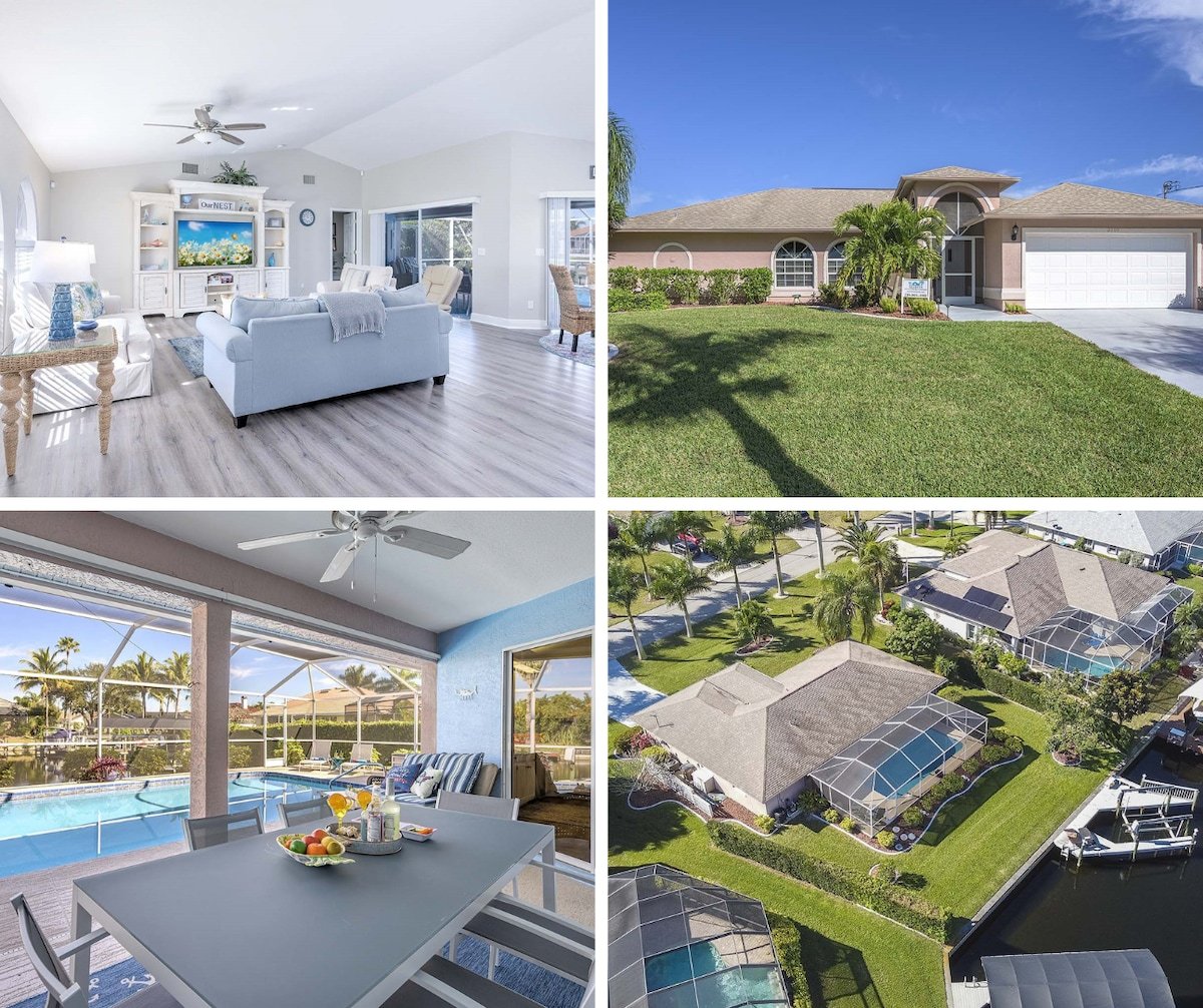 Beheizter Pool am Kanal mit Sonnenliegen und überdachter Lanai.